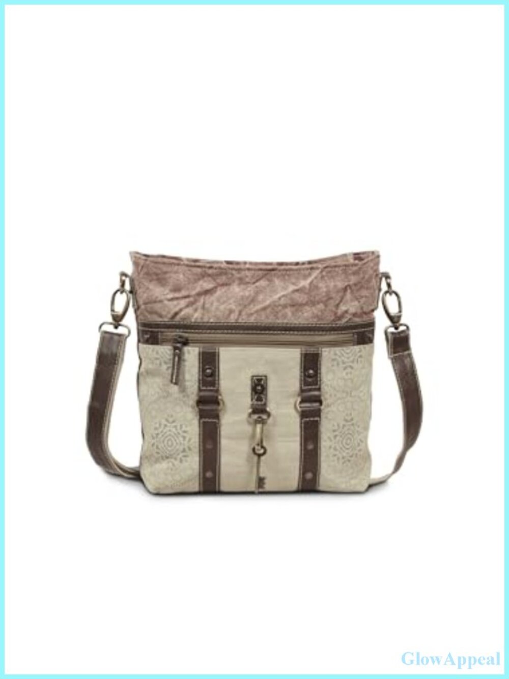 Upcycled Canvas Leather Crossbody Purse Multi Pocket Messenger Bag